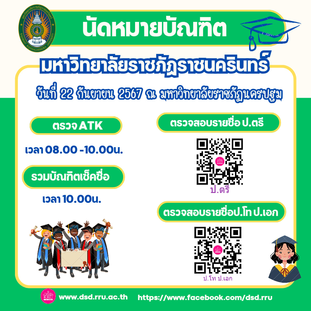 นัดหมายบัณฑิตมหาวิทยาลัยราชภัฏราชนครินทร์ เข้ารับพระราชทานปริญญาบัตร วันที่ 22 กันยายน 2567 ณ มหาวิทยาลัยราชภัฏนครปฐม จังหวัดนครปฐม